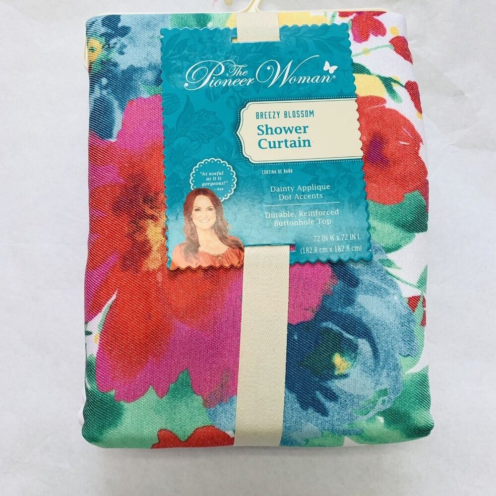 Pioneer Woman Breezy Blossom Multicolor Floral Applique Fabric Shower Curtain